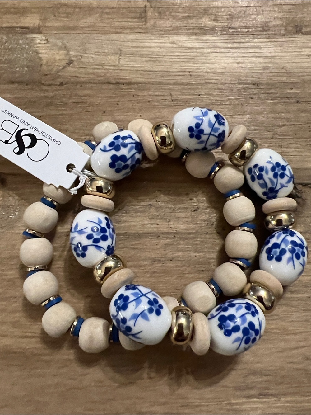3/$18 Blue & White Floral Bead Stretch Bracelet Set Lot 2130